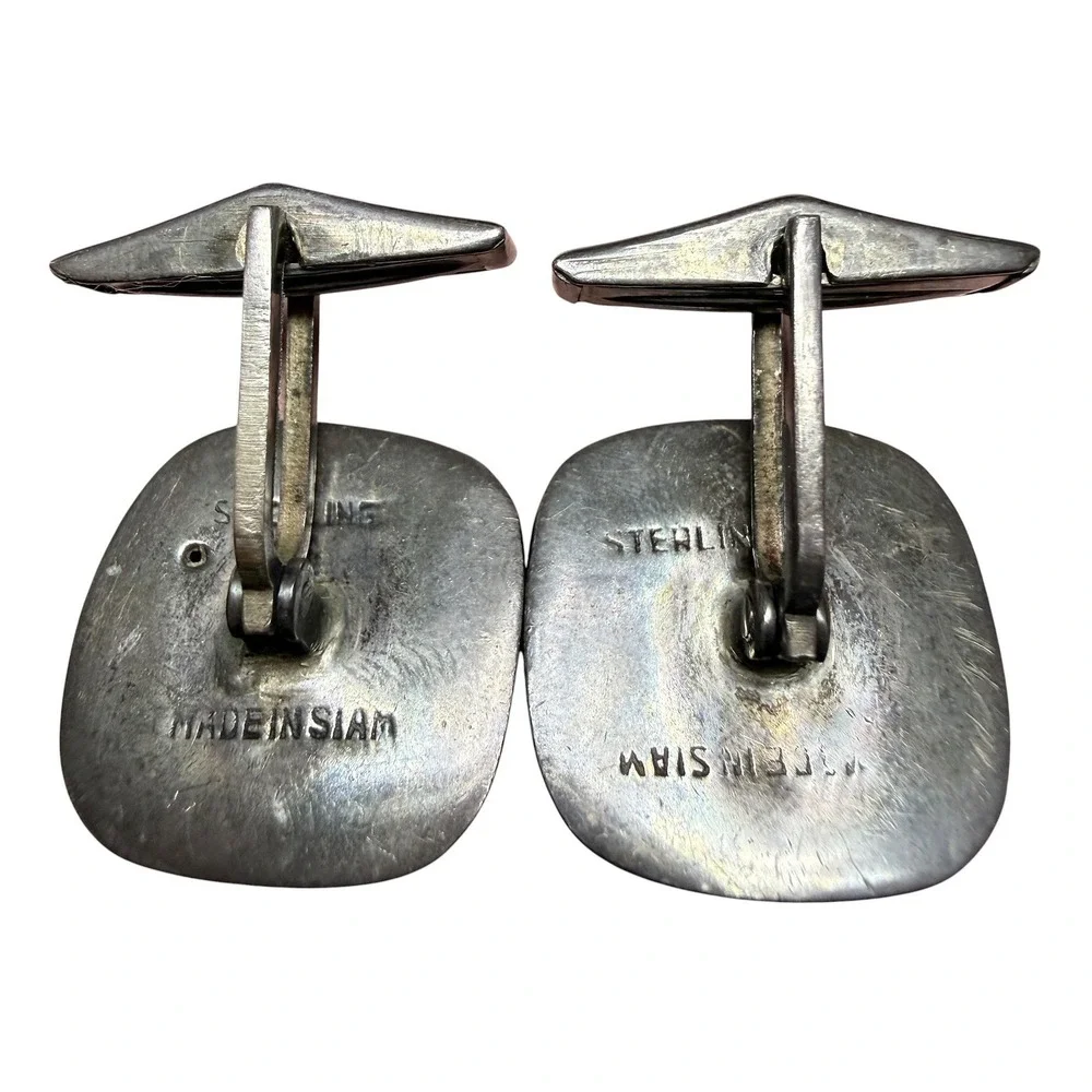 Vintage Sterling Silver Siam Niello Cufflinks Goddess Mekkala Thailand Square